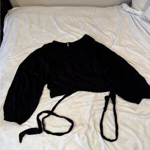 Free People Black Wrap Top Balloon Sleeve Ladder Lace Boho blouse size L